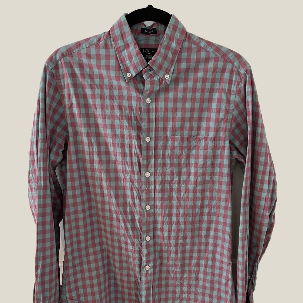 SALE S J CREW CLASSIC FIT FLEX WASHED PINK GINGHAM PLAID LONG SLEEVE WOVEN SHIRT